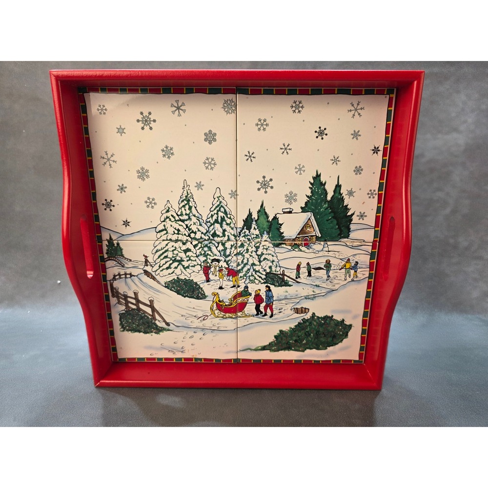JCPenney Winter Scene Ceramic Tile Tray Red Wood Frame Holiday Decor 12x12